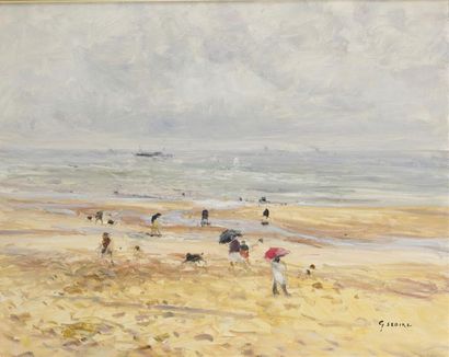 null GASTON SÉBIRE (1920-2001)
Plage de Deauville sous une averse
Huile sur toile,...