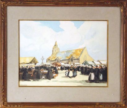 Henri BARNOIN (Paris, 1882-1935) Marché en Bretagne Aquarelle gouachée, signée en...