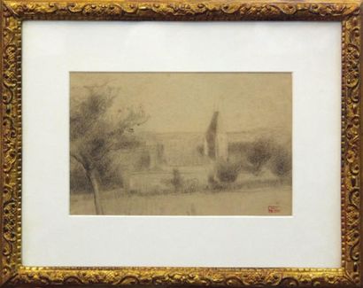 Hippolyte PETITJEAN (Mâcon, 1854 - Paris, 1929) Village au clocher fortifié Dessin...