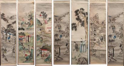 ÉCOLE CHINOISE du début du XIXe siècle Suite de douze rouleaux Deux séries, peints...