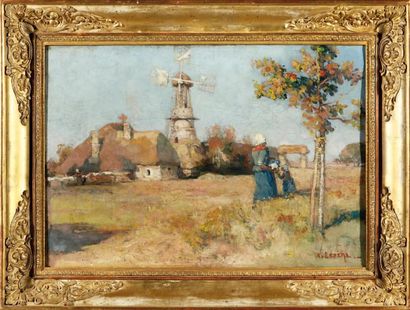 Auguste-Louis LEPÈRE (Paris, 1849 - Domme, 1918) Personnages auprès d'un moulin Huile...