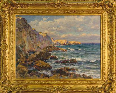 Adolphe GAUSSEN (Marseille, 1871 - 1954) Côte rocheuse sur la Méditerranée Huile...