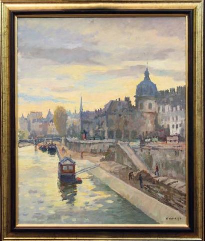 F. HIMA, XXe siècle Paris, la Seine et l'Institut Huile sur toile, signée en bas...