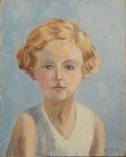 null Ensemble de PIÈCES ENCADRÉES : toile portrait d'enfant signée A. Drouin, icône,...