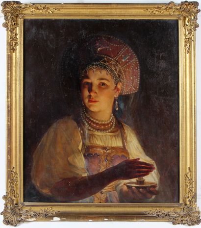 null ZHURAVLEV Firs (1836-1901)

Jeune fille en kokochnik

Toile d'origine, signée...