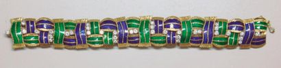 null BRACELET ruban, formé d'éléments en or granité et émail vert ou bleu, articulés...