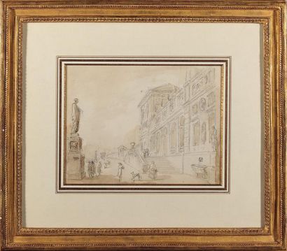 Hubert ROBERT (Paris, 1733 - 1808) PERSONNAGES SUR UNE TERRASSE DEVANT LA VILLA BORGHÈSE...