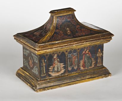 null Black lacquered wood box decorated with polychrome religious scenes on a background...