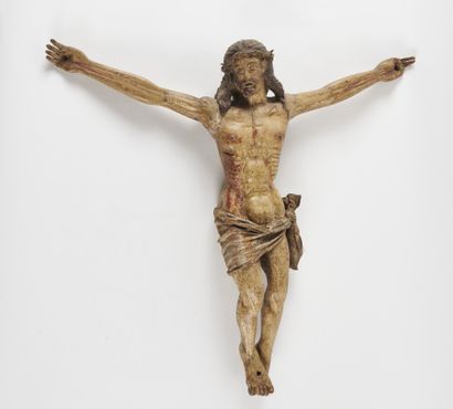 null CHRIST en bois sculpté laqué et rehaussé de polychromie, le périzonium en toile...