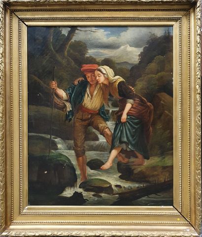  ÉCOLE FRANÇAISE VERS 1830 
Paul et Virginie passant la rivière 
Huile sur toile...