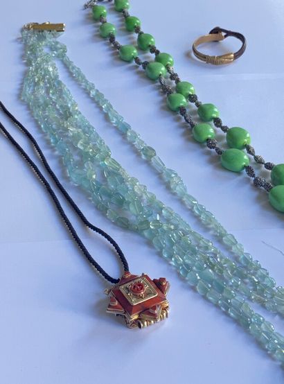null Fancy Jewelry set consisting of a necklace of polished green stones alternating...