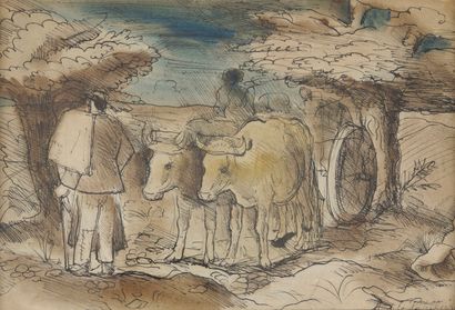  AMÉDÉE DE LA PATELLIERE (1890-1932) 
The ox team (Tarbes) 
Ink and watercolour on...