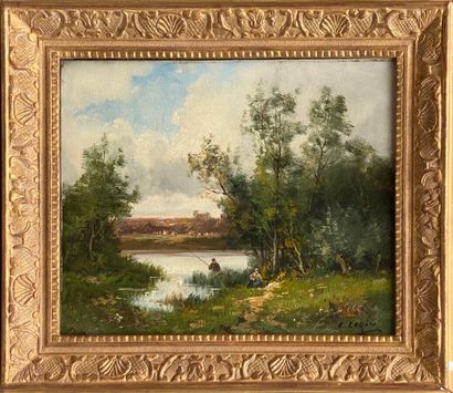 null C. LORIN (1815-1882)

Bord de rivière avec pêcheur

Huile sur toile, signée...