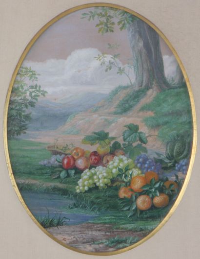 null 19th CENTURY FRENCH ECOLE 

Still life with fruits in a wooded landscape on...