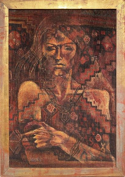 null PORTRAIT of a woman woven in red, ochre and navy colors.

Signed at the bottom...
