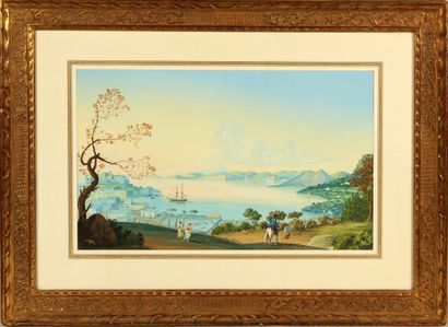  ÉCOLE NAPOLITAINE 
Paysages italiens animés 
Paire d'aquarelles gouachées, signées...