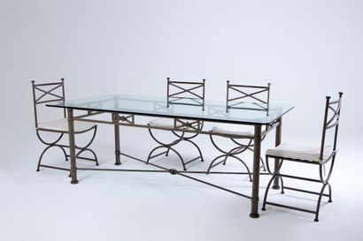 null Rectangular dining room table in aged patina metal, the openwork belt with knotted...