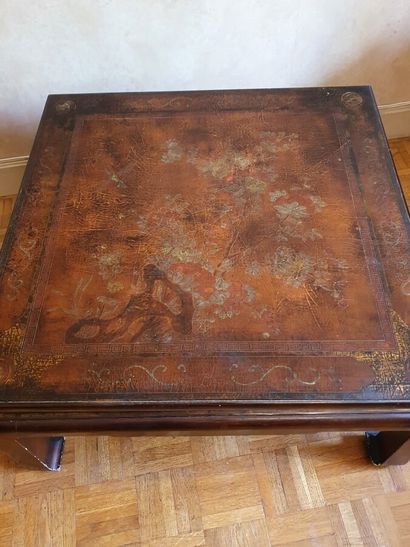null Square coffee table in lacquered wood with Chinese decoration of birds, branches...