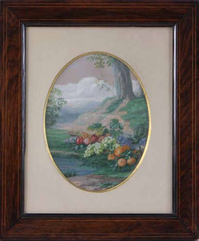 null 19th CENTURY FRENCH ECOLE 

Still life with fruits in a wooded landscape on...