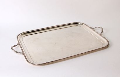 null Rectangular tray with silver plated handles, the edge with ribboned rush.

England,...