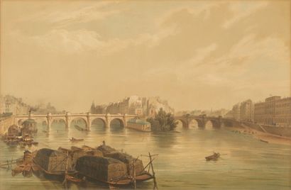 null Four engravings in colors representing views of Paris including Notre-Dame and...