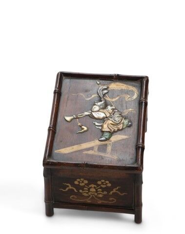 null JAPAN

Rectangular wooden case with inlaid decoration of a character in mother-of-pearl...