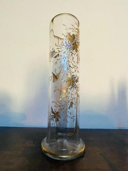 null Large tubular VASE out of colorless glass with enamelled decoration of butterflies...