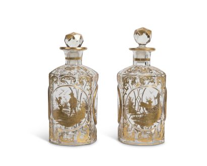 null Pair of cut crystal FLACONS with hunting decoration in gilding of hunter, stags...