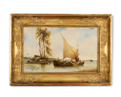 null EUGÈNE LE POITTEVIN (1806-1870)

Pêcheurs à proximité d'un îlot arboré 

Huile...