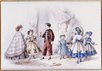 Jules DAVID (Paris 1808-1892) Modes enfantines, six enfants dans un intérieur. Aquarelle,...