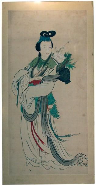 ÉCOLE CHINOISE du XIXe siècle Jeune femme debout Peinture sur soie marouflée. Haut.:...
