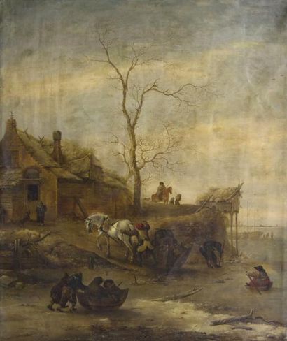 ÉCOLE HOLLANDAISE du XVIIIe siècle Paysage d'hiver aux patineurs et au traîneau....