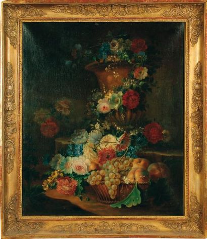 ÉCOLE FRANÇAISE du XIXe siècle Bouquet de fleurs et fruits. Huile sur toile. (Réentoilée)....