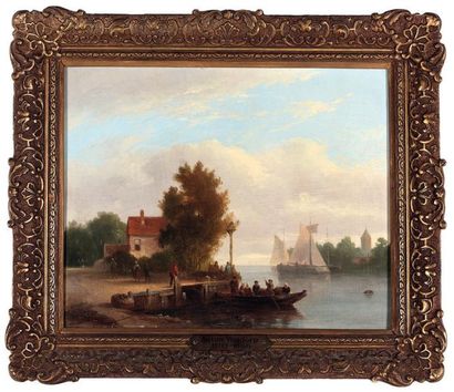 Anton WALDORP (Huisten Bosh 1803 - Amsterdam 1866) Paysage animé à l'embarcadère....