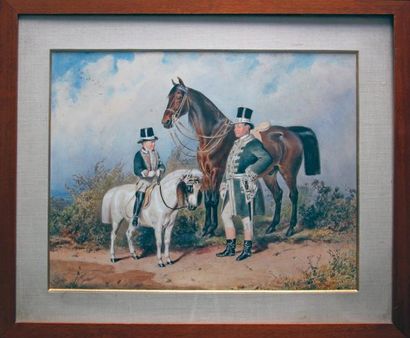Karl GOEBEL (Vienne 1824-1899) Un cavalier à pied et son fils sur un poney. Gouache,...