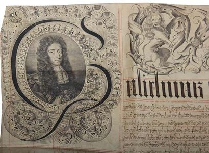 null MANUSCRIT sur parchemin imprimé des portraits de souverains.
1690. (Manque les...