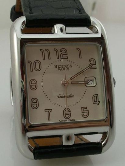 HERMES Montre automatique pour homme "Cape Cod" G.M - Boîtier acier - Bracelet crocodile...