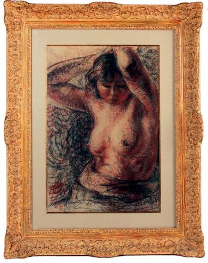 ECOLE FRANCAISE FEMME NUE EN BUSTE Fusain et sanguine signé du monogramme H.O. Haut.:...