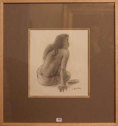 Jacques BOULLAIRE (1893-1976) Jeune fille à demi - nue de dos, assise. Dessin au...