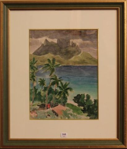 Jacques BOULLAIRE (1893-1976) Vue de Piti u Tai, Bora Bora. Aquarelle, cachet en...