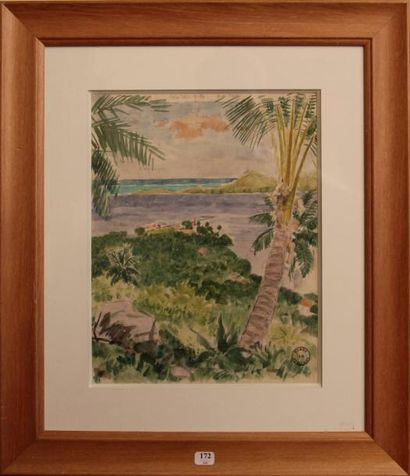 Jacques BOULLAIRE (1893-1976) Vaitape, Bora Bora. Aquarelle, cachet en bas à droite....
