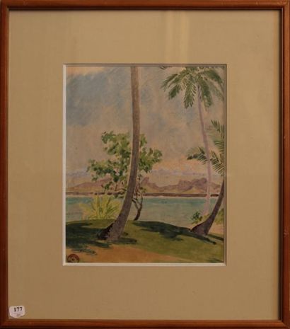 Jacques BOULLAIRE (1893-1976) Moorea vue de Papeete. Aquarelle, cachet en bas à gauche....