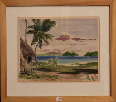 Jacques BOULLAIRE (1893-1976) Les motu de Bora Bora. Aquarelle, située et datée 20.4.50...