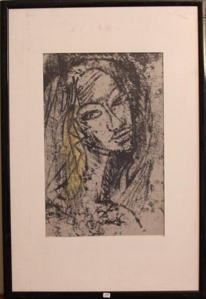Henri CROCQ (né en 1925) Portrait de femme en noir et jaune. Monotype, signé en bas...