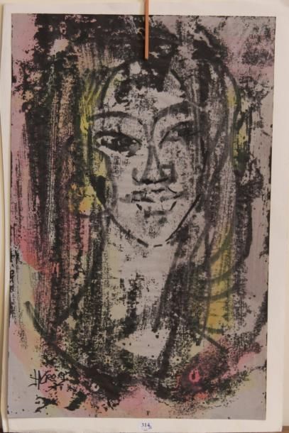 Henri CROCQ (né en 1925) Portrait de femme. Encres et huile sur papier, signée en...