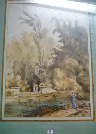 Ecole FRANCAISE, vers 1830 PERSONNAGES DANS UN PARC AU BORD D'UNE PIÈCE D'EAU Aquarelle....