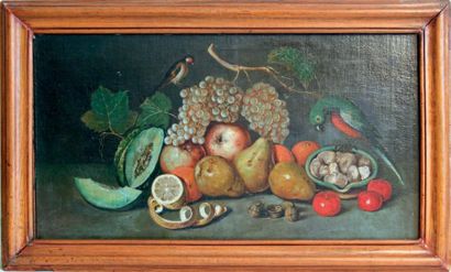 École ESPAGNOLE du XVIIe siècle NATURE MORTE AUX FRUITS Huile sur toile. (Repeints,...