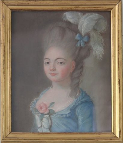 École française du XVIIIe siècle. Portrait de jeune femme aux plumes d’autruche,...