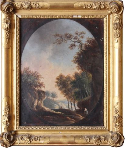 ÉCOLE FRANCAISE, vers 1830. Paysage animé de personnages.
Huile sur toile à vue ovale.
Haut....