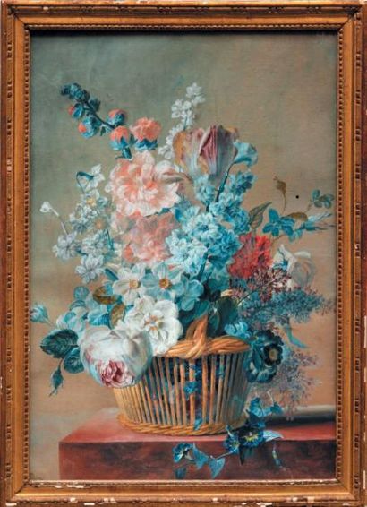 Jean-Jacques PREVOST (vers 1735-1782) Bouquet de fleurs dans un panier Gouache sur...